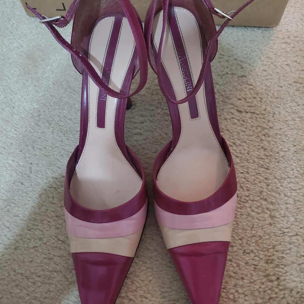 Genuine Leather Magenta/pink/cream heels w/ankle strap